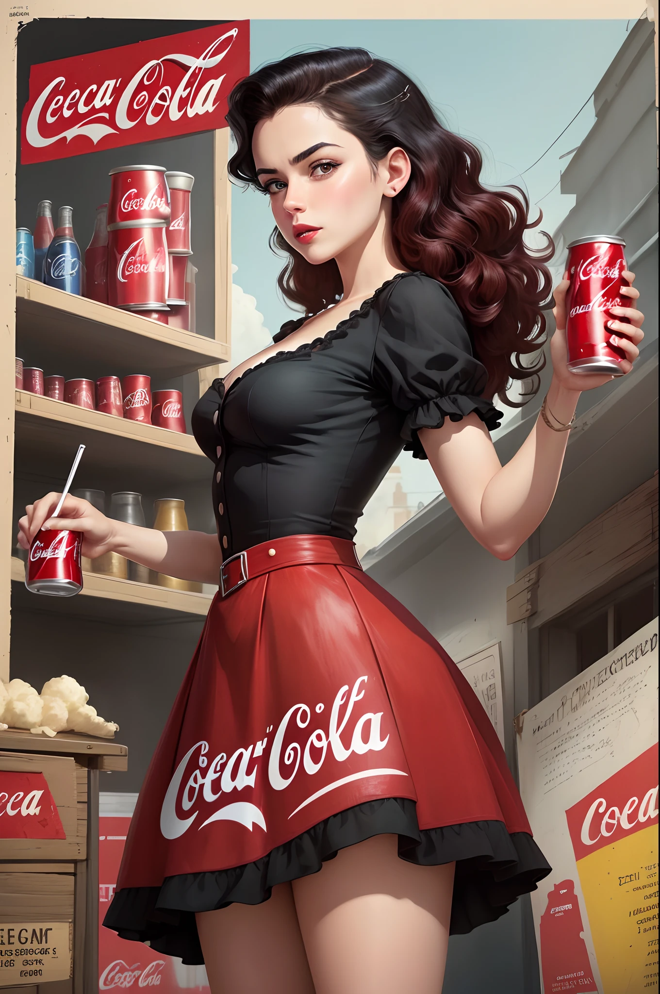 Coca Cola Real Ad Magic as always five cents, inspirado em Dorothy Coke, coka-cola advertisement, beber uma garrafa de coca-cola, soda themed girl, inspirado em Evaline Ness, retro poster, voltar para, filme noir realista, in illustration style digital, cartaz promocional, inspirado em Rolf Armstrong, em estilo de Campbell addy, em estilo de arte digital
