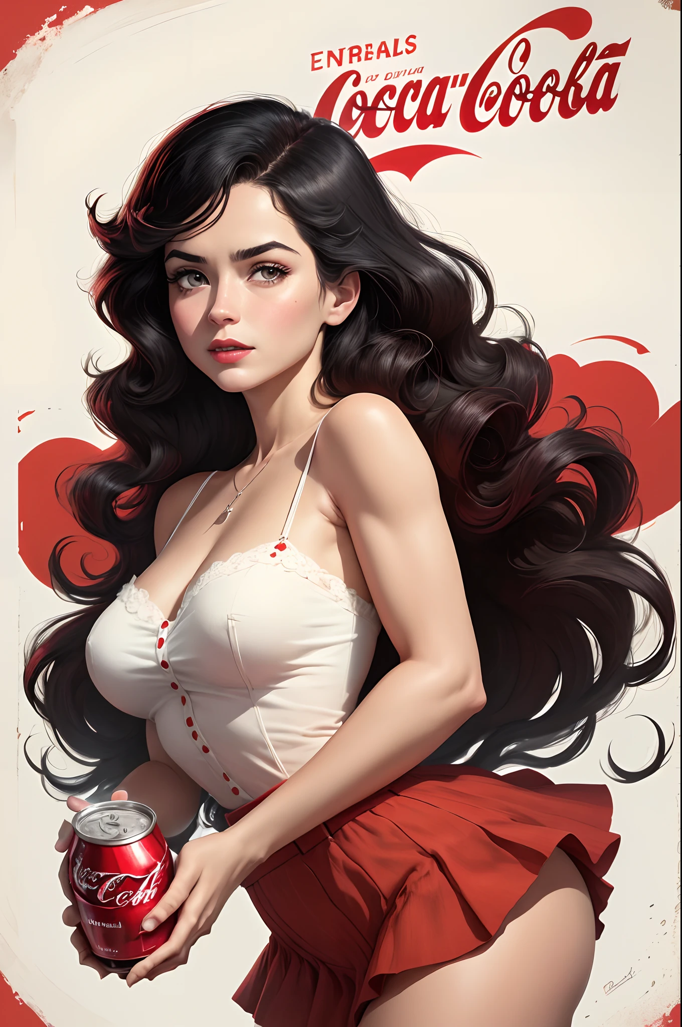 Coca Cola Real Ad Magic as always five cents, inspirado em Dorothy Coke, coka-cola advertisement, beber uma garrafa de coca-cola, soda themed girl, inspirado em Evaline Ness, retro poster, voltar para, filme noir realista, in illustration style digital, cartaz promocional, inspirado em Rolf Armstrong, em estilo de Campbell addy, em estilo de arte digital