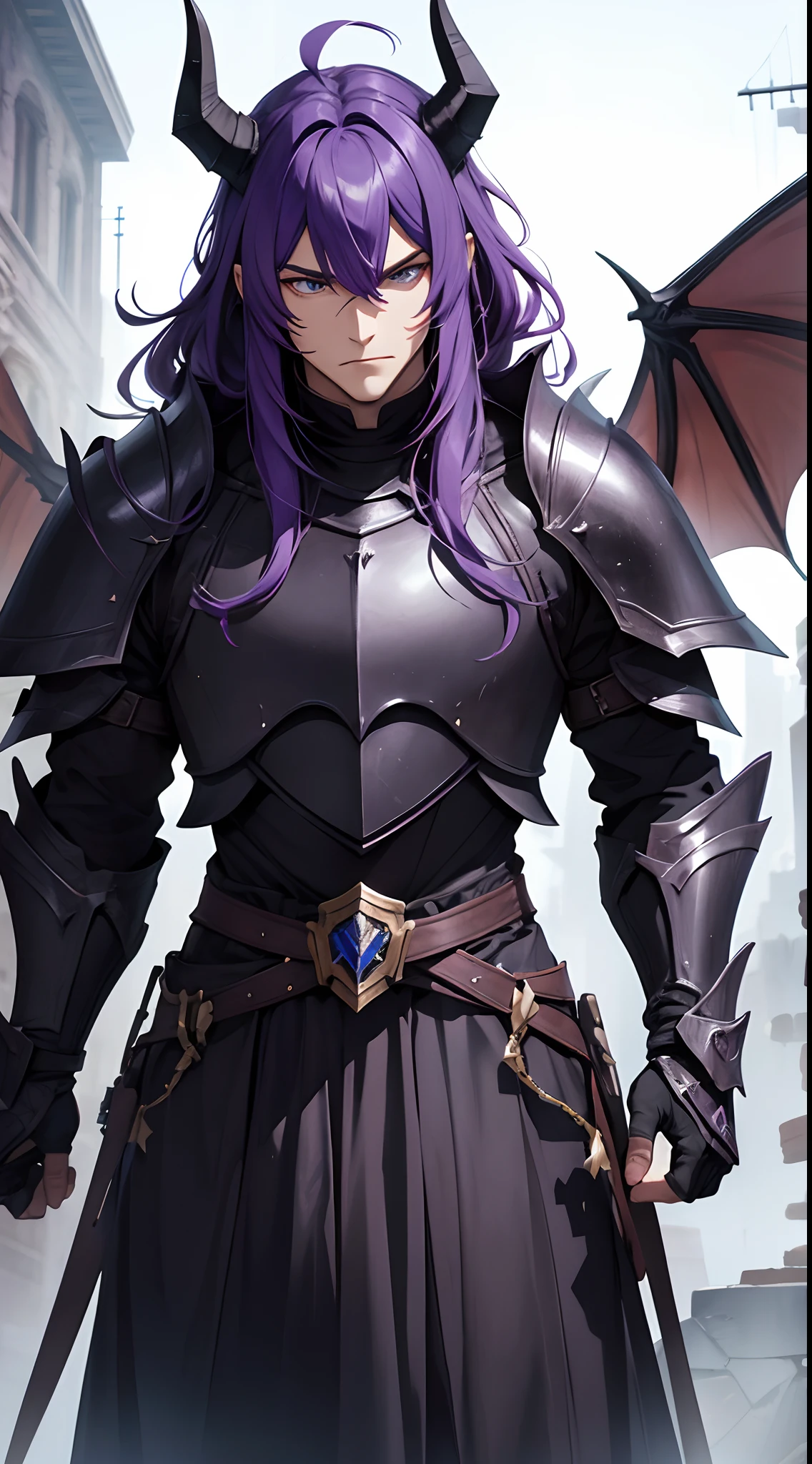 wearing a black knight armor,strong guy with long purple hairs, dragon horns