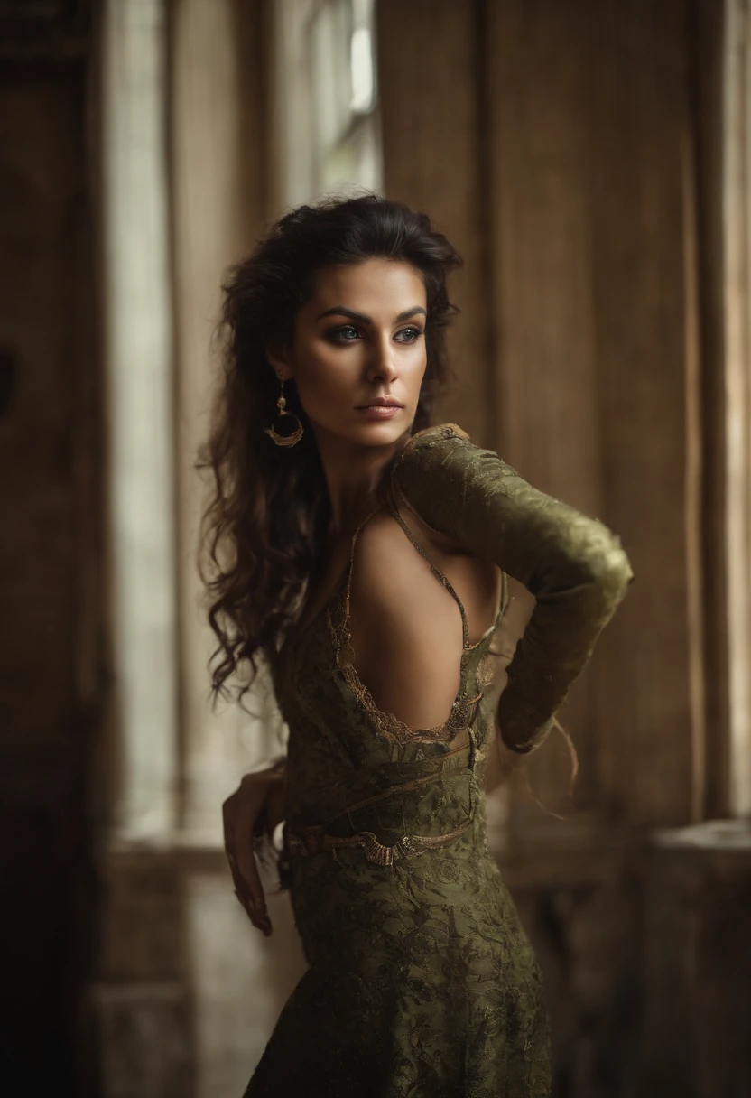 Oil Full Body Nudity Beautiful Young Petite Woman Steampunk Posing))) (tono de piel verde oliva), nariz recta, Pronounced chin, humanos, barbas, cabello rizado, griego, roma