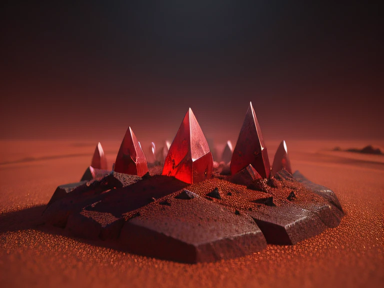 Fantasy ruined red crystal's fragments, in a red sand desert