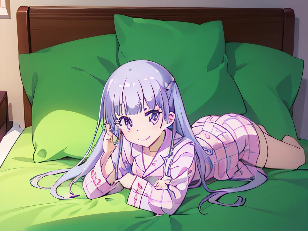 ((masutepiece)), ((Best Quality)), (Ultra-detailed), Anime style, on the bed, Cute little girl s, 1girl in, Solo, Pajamas 00, ((Beautiful eyes)), large full breasts, Smile