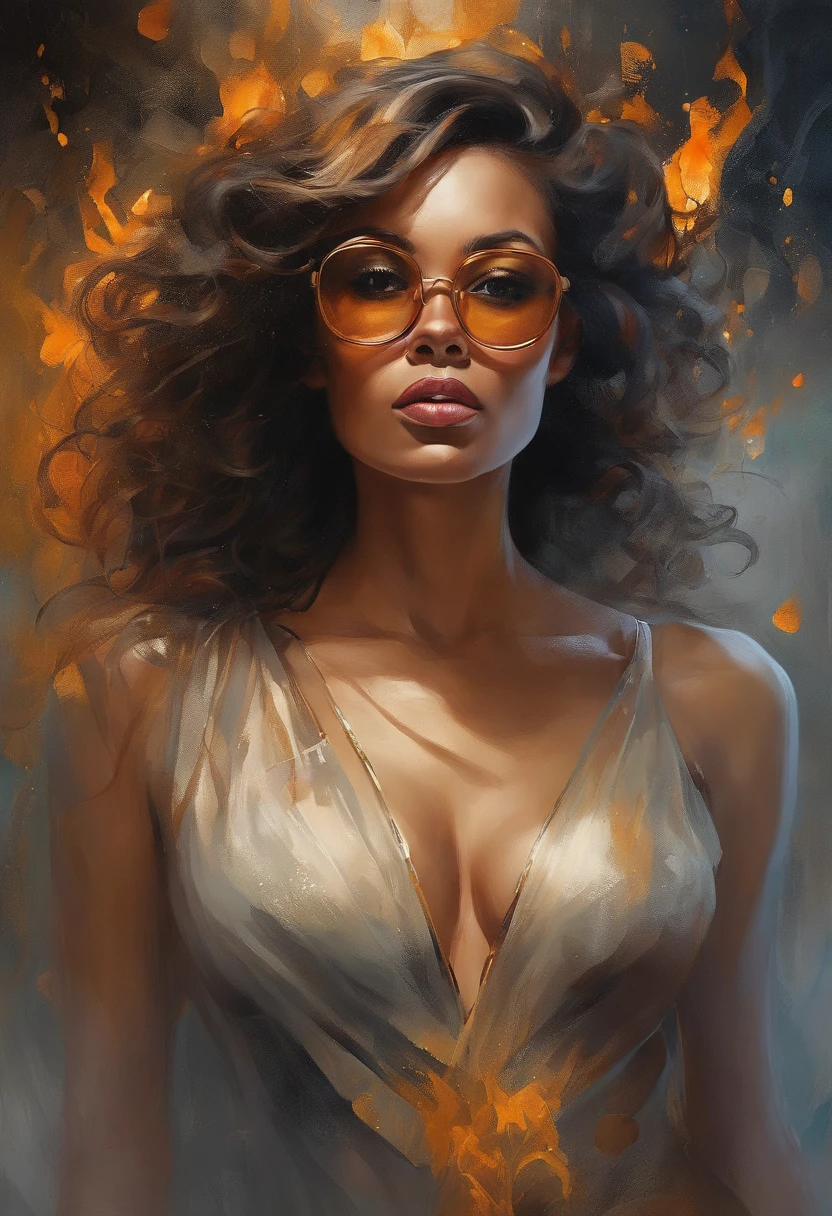 Girl in glasses and black dress, vestido curto e sexy, cabelos pretos e longos, fleshy lips, pele bonita, olhos negros, olhar sexy, segurando adagas afiadas em pose de luta, garota bonita, paraguaia, medium and beautiful breasts, Athletic physique in shape, Estilo Espadachim, garota sexy, Fantastic gold and black beams, tons de dourado, laranja e pastel, (papel de parede CG unity 8k extremamente detalhado), chaotic storm of intricate liquid smoke in the head, beleza estilizada retrato abstrato de corpo inteiro, pele molhada, por petros afshar, Tran Ross, Tom Baleia, Pedro Mohrbacher, Artgerm, shattered glass, ((bubbly underwater scenery)) Highly detailed octane radiant light rendering ((Evil Aesthetics))