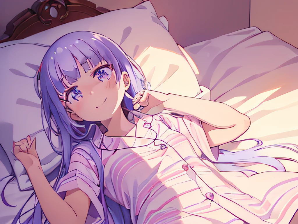 ((masutepiece)), ((Best Quality)), (Ultra-detailed), Anime style, on the bed, Cute *********** s, 1girl in, Solo, Pajamas 00, ((Beautiful eyes)), large full breasts, Smile