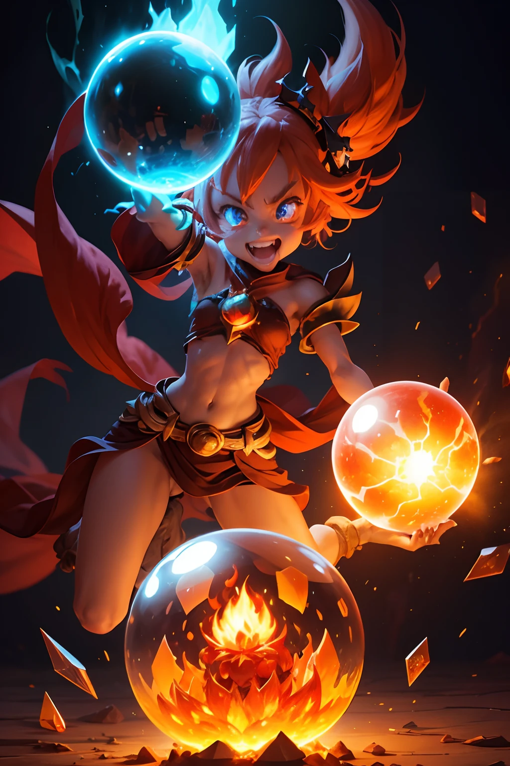 wakfu, explosion, the crystal ball split into thousands of pieces, the fiery demon breaks out of the crystal ball with a column of fire to freedom, laughter, joy, fangs,