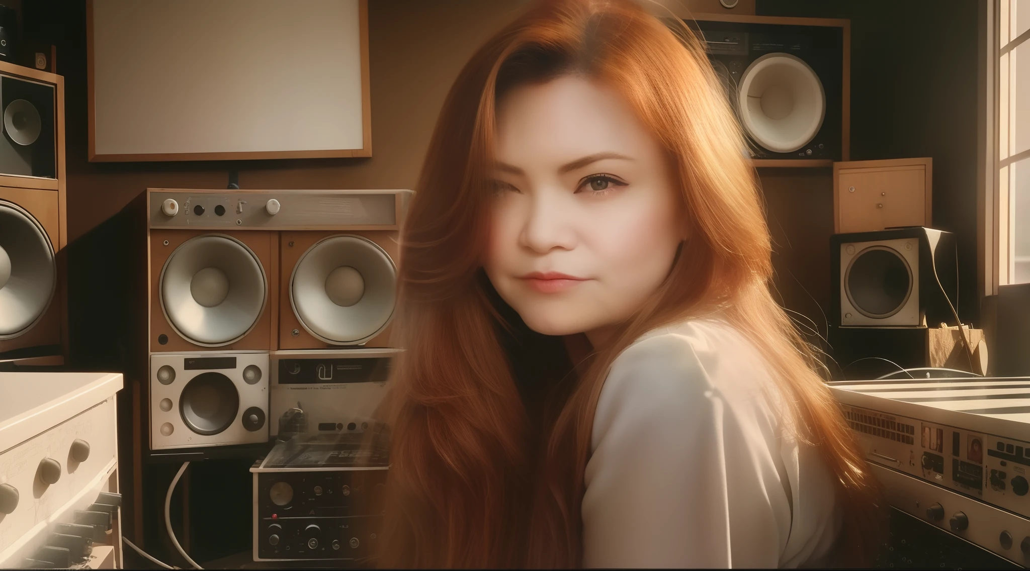 Grainy old realistic photo of a singer sitting in a crowded dusty mess, Cozy audio studio with vintage amplifiers, Apareceu, alto-falantes usados antigos, fios, Microfones, audio equipment, em 2000, cartazes na parede, paper notes on the floor, extremely high quality, Volumetric lighting, rays of light shining through the windows, Cinematic lighting, luzes de fundo, crimson sunset, profundidade de campo, retro, Low angle shot, perspectiva, Ambient occlusion, enevoado, velho, quente, intimate, anatomia perfeita, simetrical face, Moda dos anos 2000 por Ed Freeman