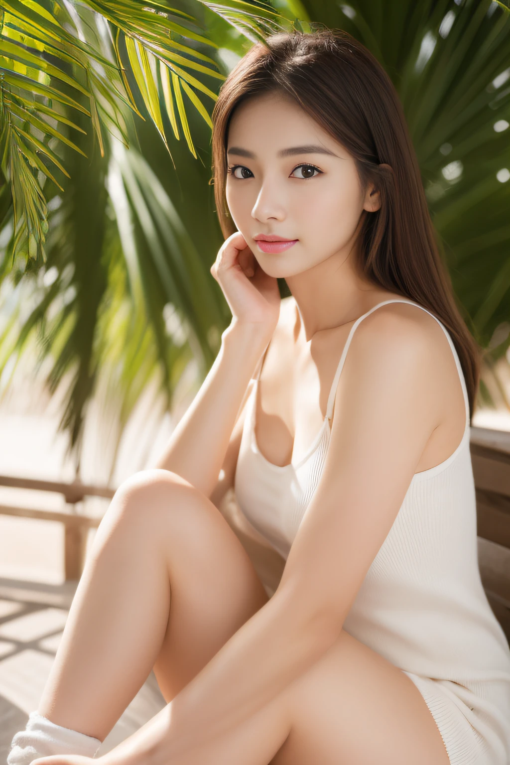 The ultra-detailliert, hight resolution, (realisitic, Photorealsitic:1.4), 8K, Raw photo, (​masterpiece), (Top image quality), Physical Rendering,(Beautiful Realistic Asians:1.4), college girls, long brown hair, A Japanese Lady, the beach,(perfect anatomia、Beautiful limbs、Beautiful skin、Healthy body), Stockings, Unbuttoned_white  shirt,natural beauty、Photographed by a professional photographer、Maximizing female beauty、sparkle in eyes、Delicate hair、beautiful and shiny skin、Exposed skin is irritating、I'm awesome、