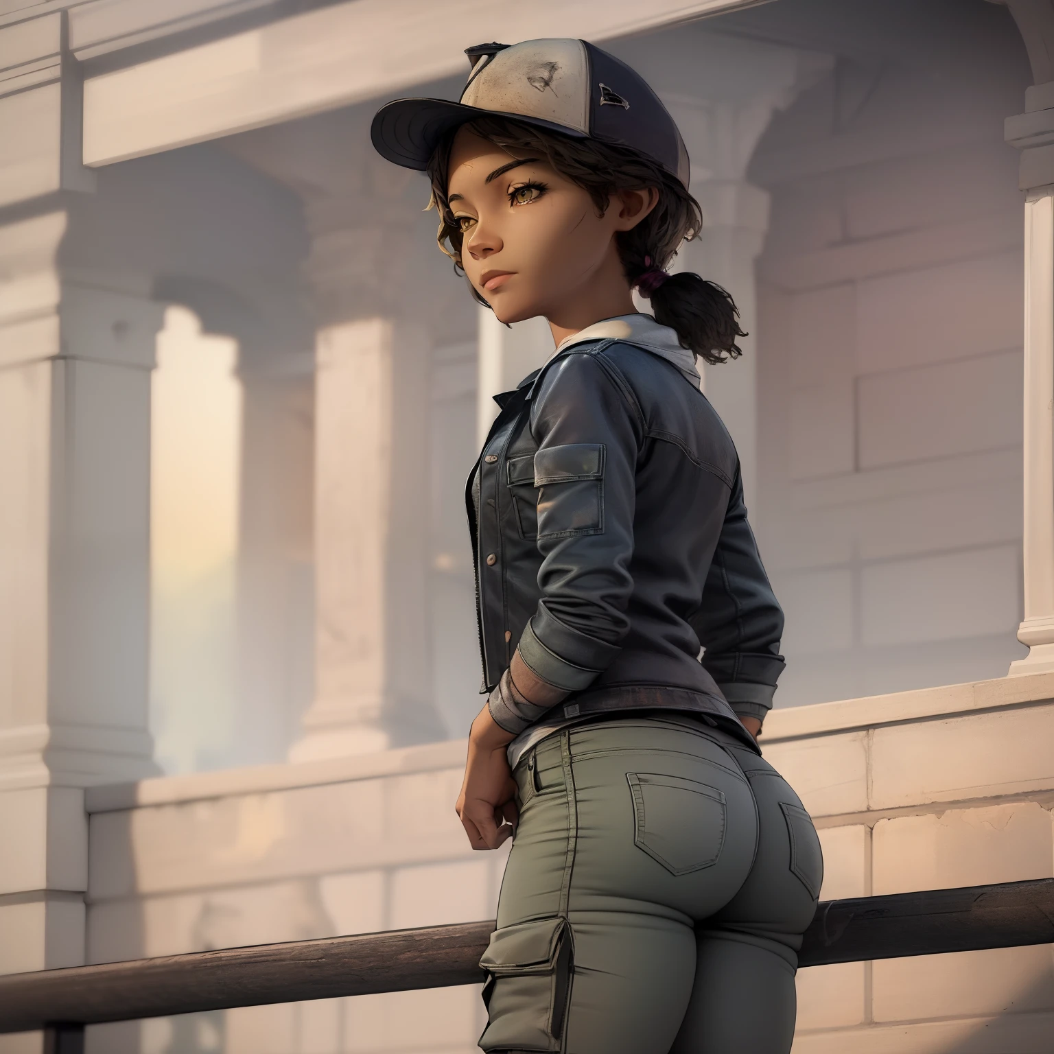 ((masterpiece, best quality)),(complex lighting) , solo,1girl,upper body, clementine,  dark skin,dark-skinned female,  baseball cap, green cargo pants, tight pants, shirt, short twintails,open denim jacket, big butt, thicc