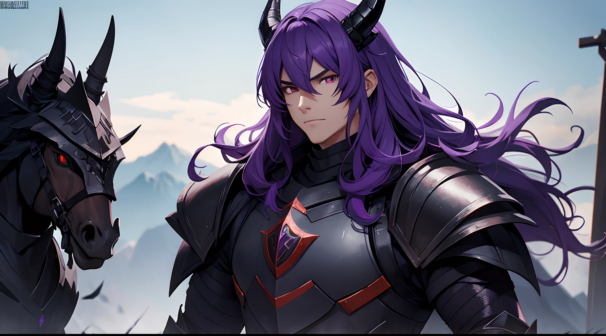 wearing a black knight armor,strong guy with long purple hairs, dragon horns