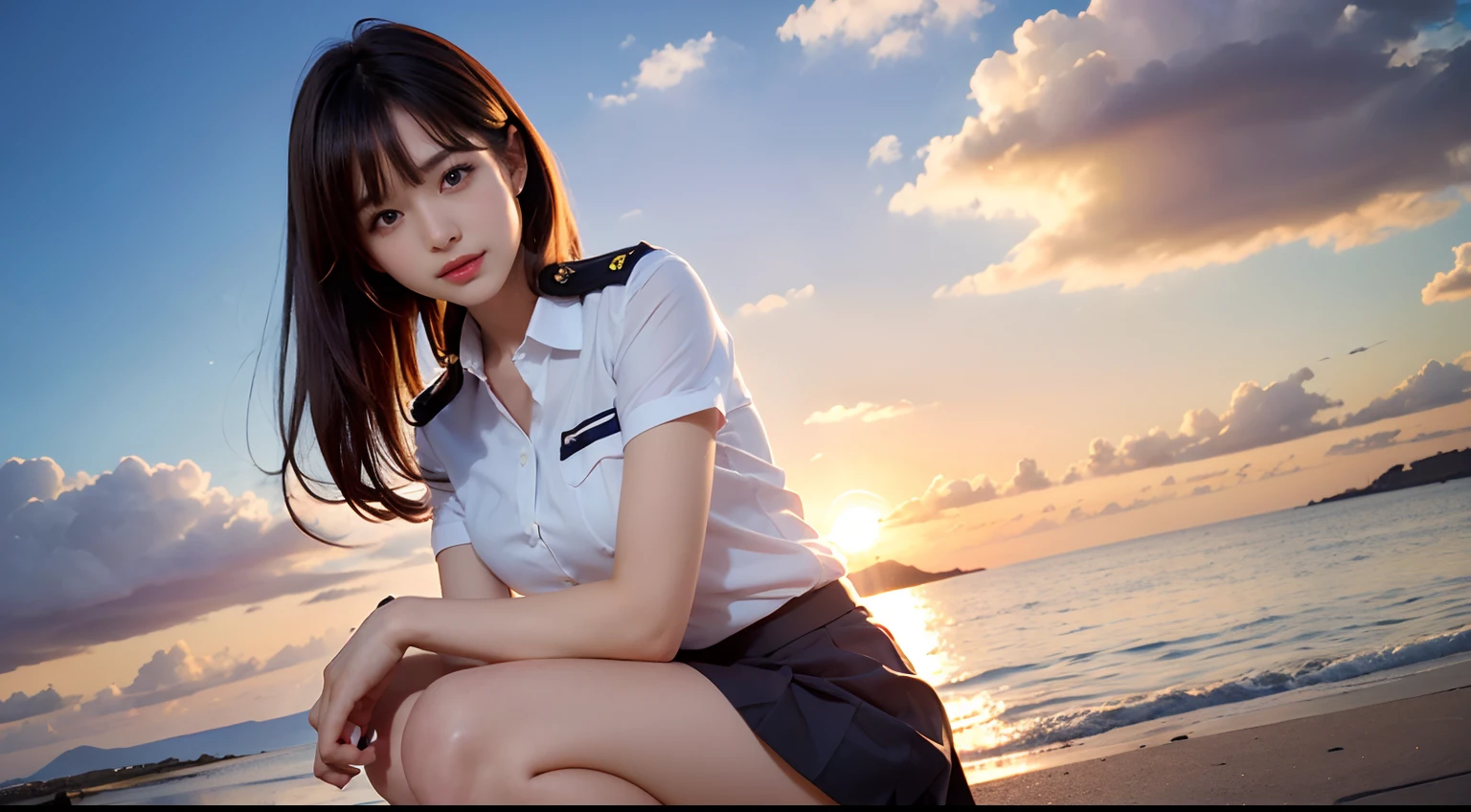 (Best Quality, hight resolution, masutepiece :1.3), (Taken from below), Pretty Woman, Orange sunset sky, Sun and clouds on sea background, Cute girl in uniform. Her hair is light brown in medium bob style. She wears a white blouse and pleated skirt, squatted with legs wide open, Blushing face, looking in camera, Dynamic shooting angle