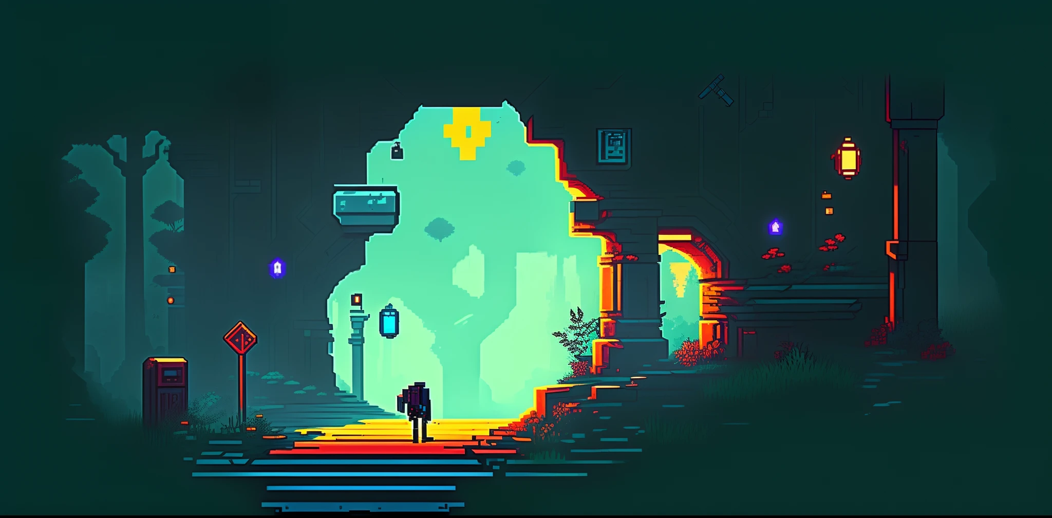 there is a picture of a man walking across a bridge, indie game concept art, beautiful detailed pixel art, 2 d game environment design, very coherent stylized artwork, lo-fi retro videogame, scenery game concept art, 2 d game art, 2 d digital video game art, 2d game art, videogame still, side - scrolling 2 d platformer