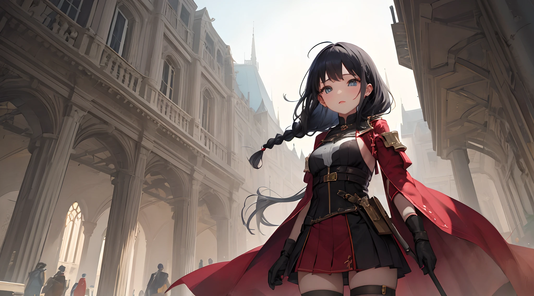 younger girl in red adventuring outfit who has long black hair in a braid