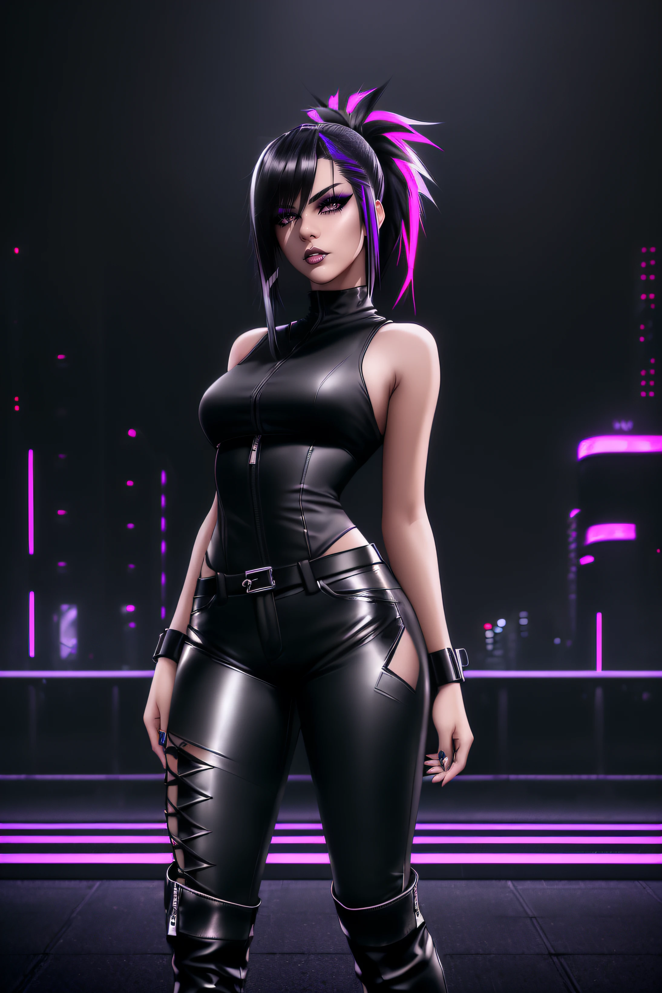 beautiful girl, ((standing:1.4)), (confident gaze:1.1), full body, short bright neon streaked black hair, ((seductive pose:1.2)), black eyeshadow, (street style wear:1.2), ((tight fitted pants)), ((knee high leather boots)), (dark city night black background:1.4), dark makeup, digital art, trending on artstation, highly detailed, fine detail, intricate, detailed facial features, sharp focus, smooth, aesthetic,