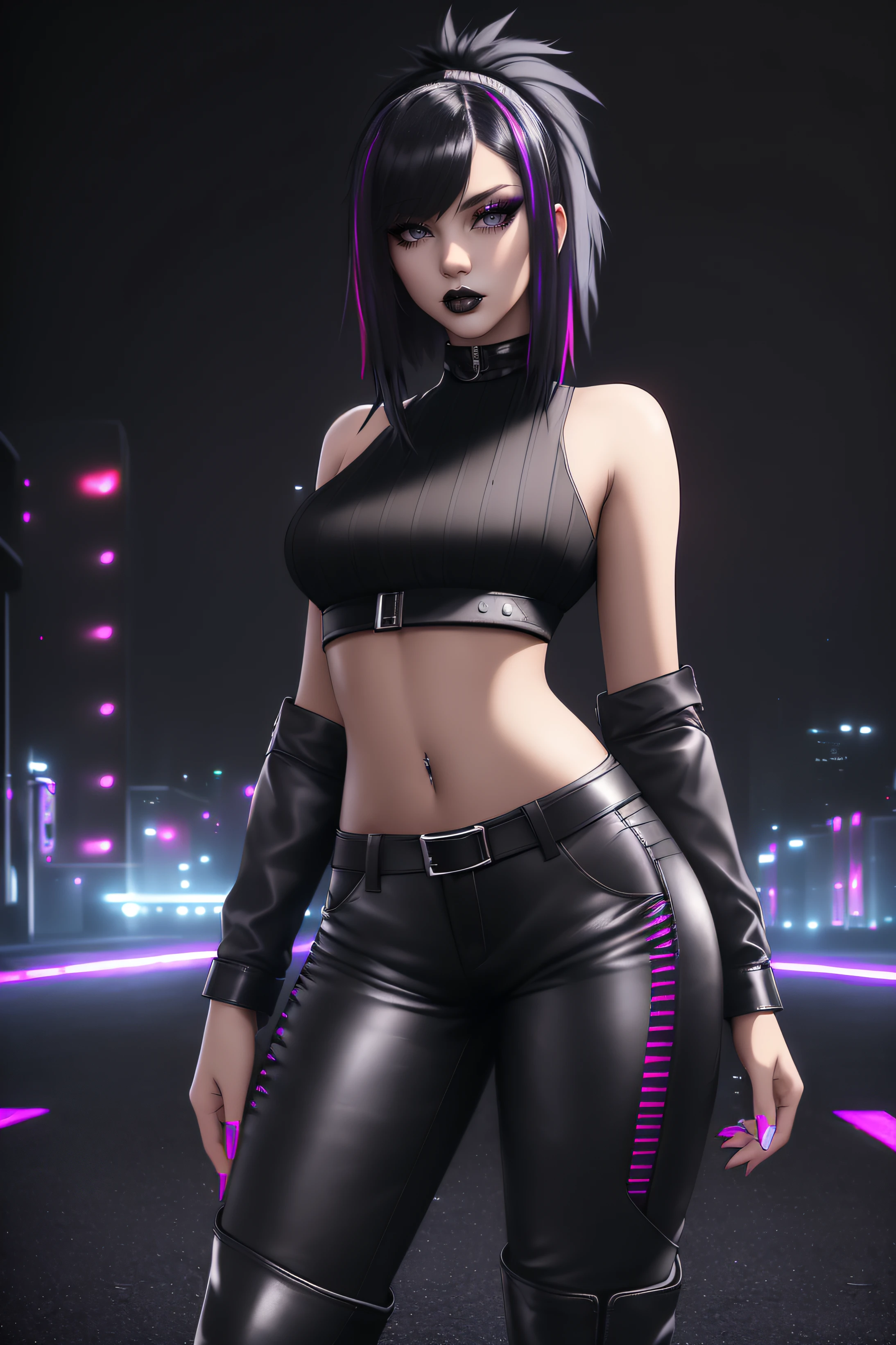beautiful girl, ((standing:1.4)), (confident gaze:1.1), full body, short bright neon streaked black hair, ((seductive pose:1.2)), black eyeshadow, (street style wear:1.2), ((tight fitted pants)), ((knee high leather boots)), (dark city night black background:1.4), dark makeup, digital art, trending on artstation, highly detailed, fine detail, intricate, detailed facial features, sharp focus, smooth, aesthetic,