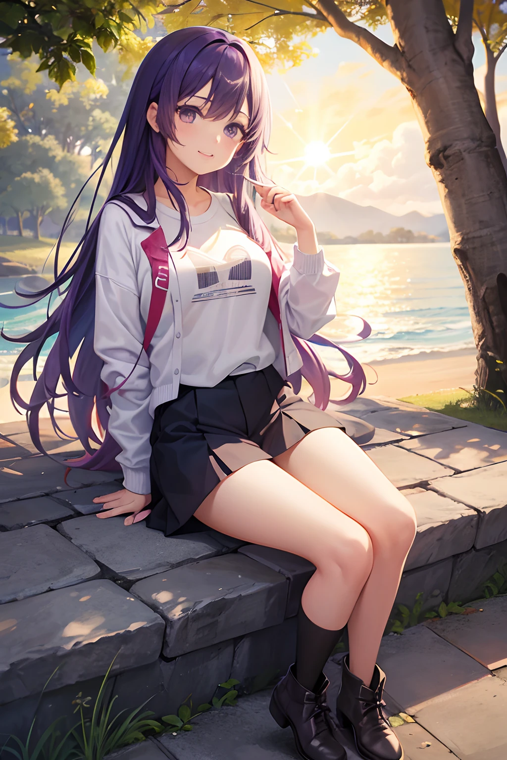 obra maestra, highest qualityr, 1girl, KafkaV4, La camisa, Camisa blanca, chaqueta, purple color hair, manga larga, Gafas en la cabeza, Gafas de sol, Botas, Guantes, Botas de muslo, pantimedias, Standing, boca cerrada, una sonrisa, Mirando a los espectadores,fuera de casa、Al aire libre、