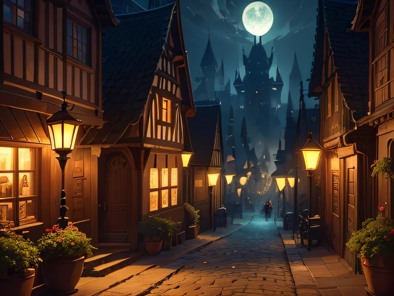 Fantasy medieval inner part of a city, during night, illuminated street with lanterns and torches