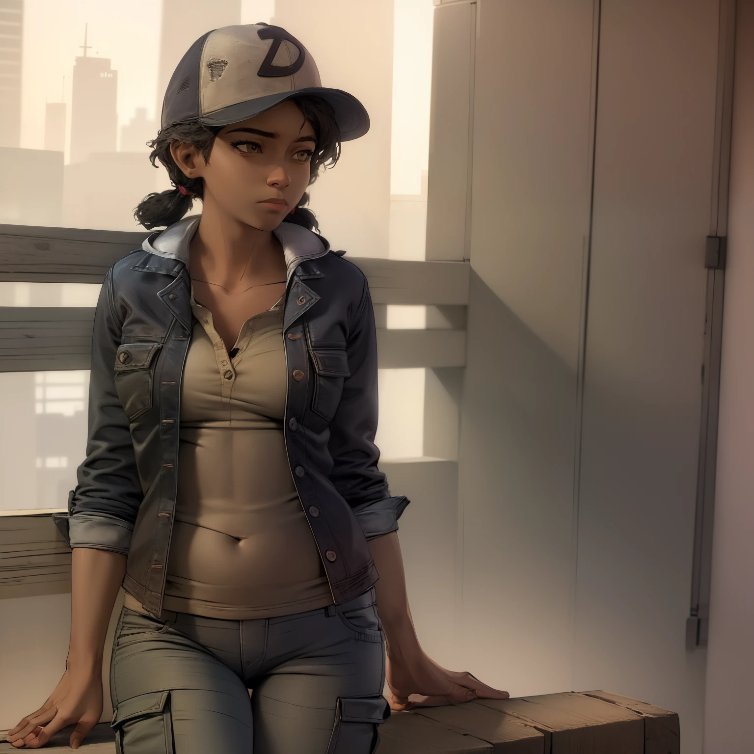 ((masterpiece, best quality)),(complex lighting) , solo,1girl,upper body, clementine,  dark skin,dark-skinned female,  baseball cap, green cargo pants, tight pants, shirt, short twintails,open denim jacket, big butt, thicc