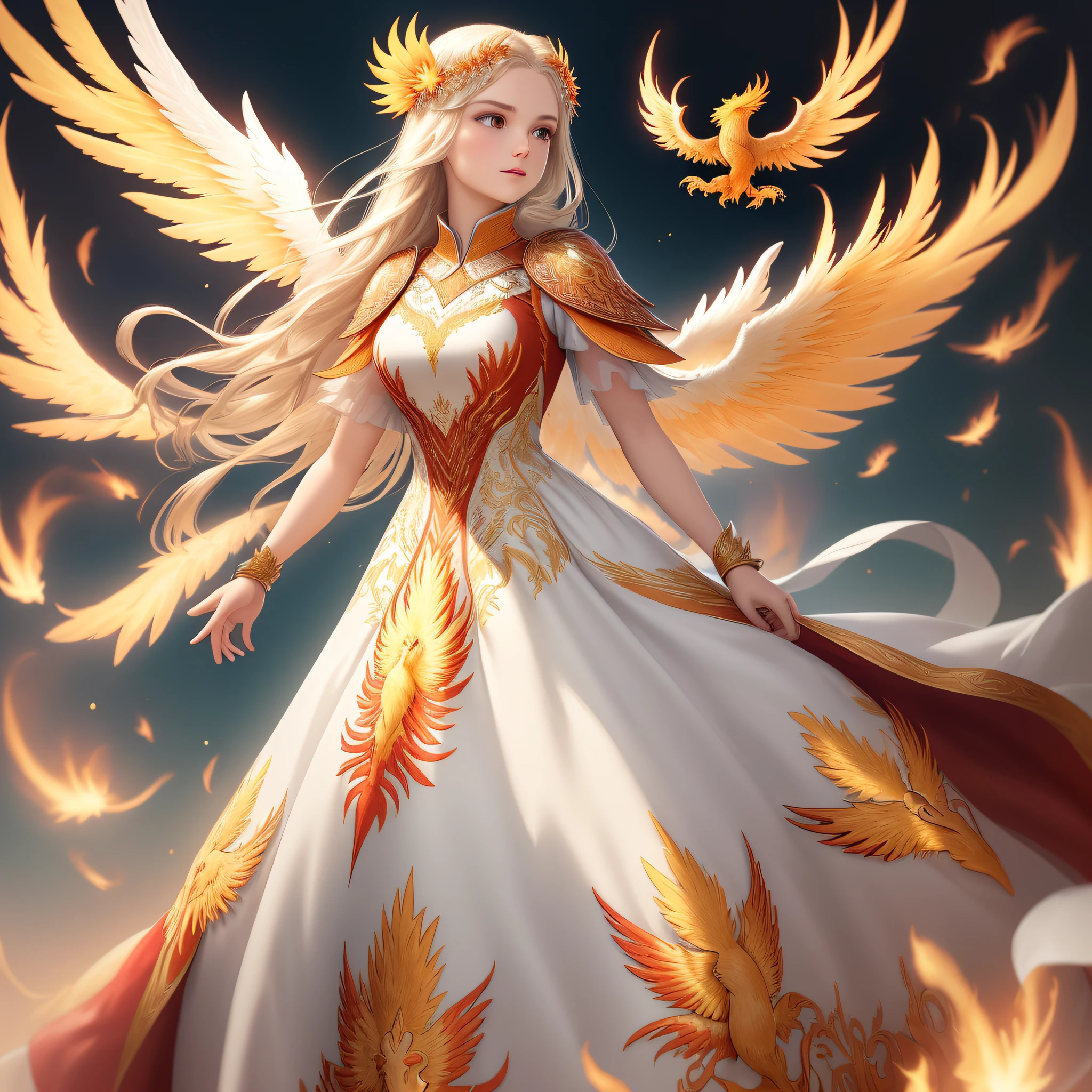 Design a dress with phoenix elements, light color, heavy embroidery process, super clear, super detailed
