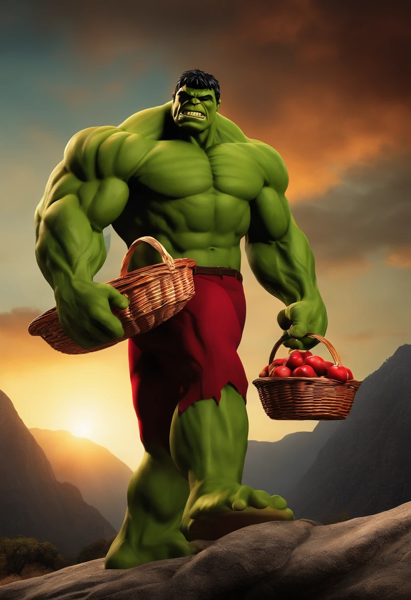 Against a backdrop of rock-strewn mountains,With a very strong sun, the Hulk carries a basket with red apples