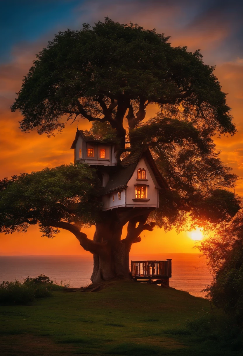 A beautiful house on tree seenry and magical sunset