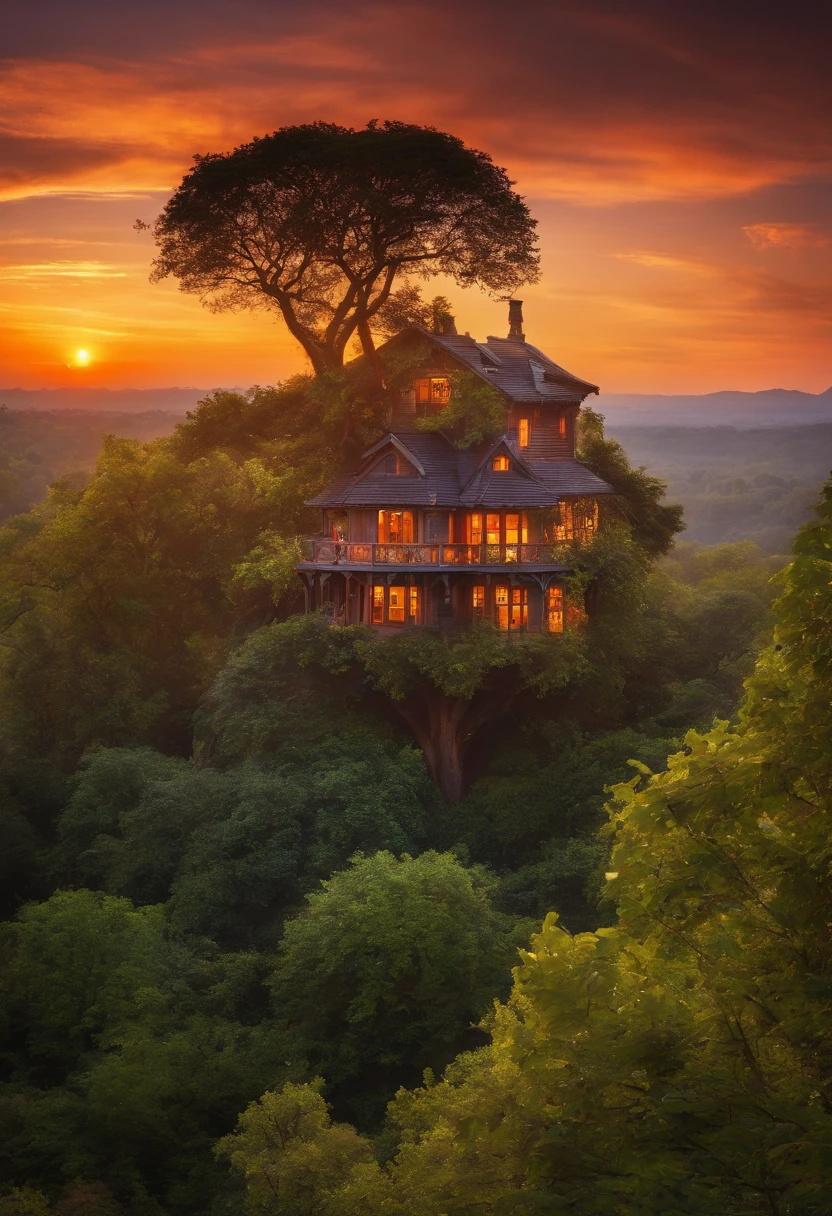 A beautiful house on tree seenry and magical sunset