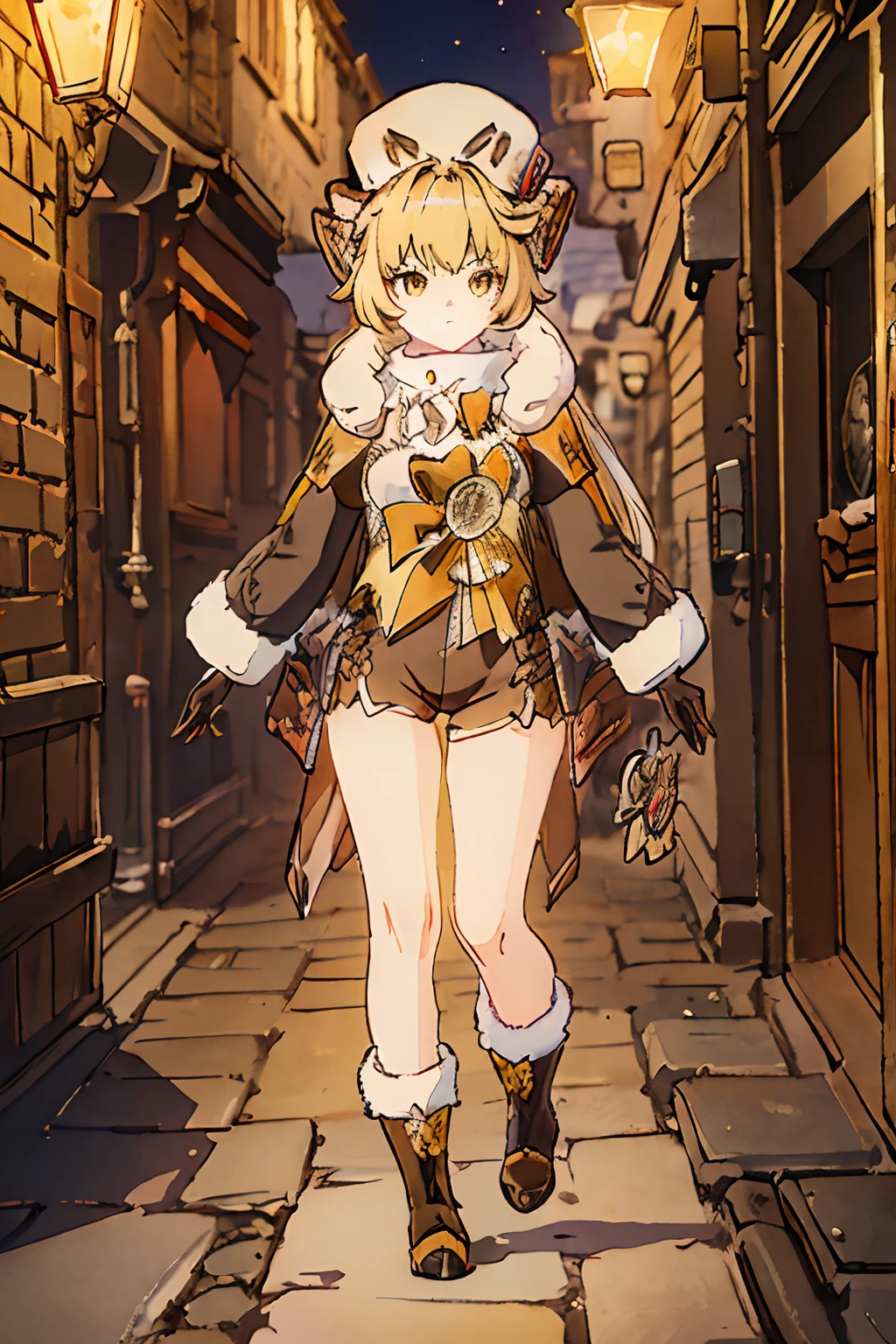 masterpiece, best quality, ((hook)), blonde hair, (yellow hair), gloves, yellow eyes, boots, 1girl, (fur trim), (jacket), bangs, bow, (fur hat), (shorts), looking at viewer, long hair, walking, solo focus, brown gloves, brown footwear, open clothes, long sleeves, full body, bowtie, tight shirt, (open jacket), (brown shorts), (brown jacket), (adult body), divine proportions, accurate proportions, large breasts, (sexy), long sexy legs, angry, tsundere, dark alley, night, (cobblestone streets), soft orange lighting, dynamic perspective, night life, (8k), (best quality), (masterpiece: 1.2), (realistic), (photorealistic: 1.37), ultra detailed, one girl, viewer watching, full body, 28 years old.