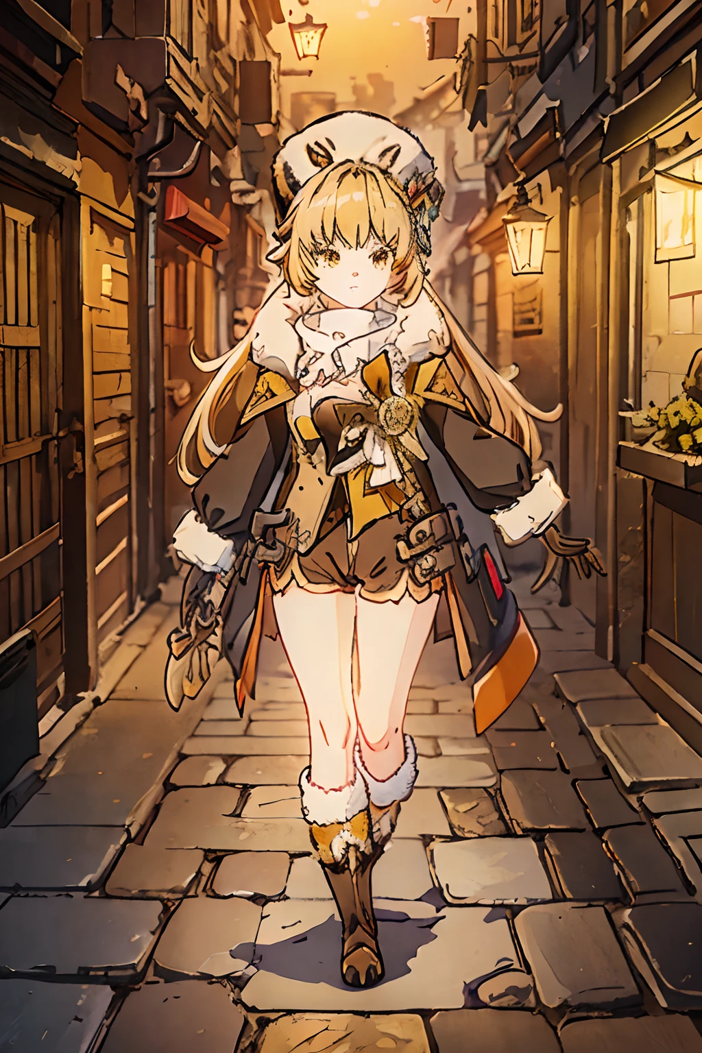 masterpiece, best quality, ((hook)), blonde hair, (yellow hair), gloves, yellow eyes, boots, 1girl, (fur trim), (jacket), bangs, bow, (fur hat), (shorts), looking at viewer, long hair, walking, solo focus, brown gloves, brown footwear, open clothes, long sleeves, full body, bowtie, tight shirt, (open jacket), (brown shorts), (brown jacket), (adult body), divine proportions, accurate proportions, large breasts, (sexy), long sexy legs, angry, tsundere, dark alley, night, (cobblestone streets), soft orange lighting, dynamic perspective, night life, (8k), (best quality), (masterpiece: 1.2), (realistic), (photorealistic: 1.37), ultra detailed, one girl, viewer watching, full body, 28 years old.