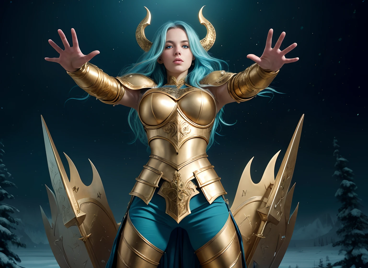 ultra-realistic), (cinematic shot), slightly low view. upper body of an beautiful young girl knight, 1girl, woman, in medieval armor, (detailed face), ((pretty big turquoise eyes)), with very long hair, (light blue hair), (long hair), ((messy hair)), ((bands)) blowing hair in the air, (big breasts), near a snow castle at winter, golden armor, golden horns on helmet, (full body armor), ((bright intricate armor)), (light blue legging), ((crome intense gold armor)), (detailed armor, high quality), ((ornate armor)), (hdr), (noble), inspiring, film, cinematic lighting. ((light blue pants)). ((delicate face)). Full body-armor. ((Enlongated armor kilt)). The most beautiful warrior. Ultrarealistic landscape. Enlogate armor skilt.