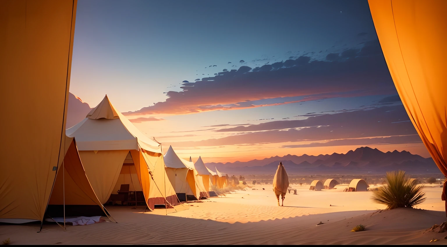 village of tents in the midst of the desert,illustration,oil painting,detailed tents,beautifully designed tents,atmospheric lighting,colorful carpets,fine sand,distant dunes,dusty atmosphere,dramatic sky,sunset hues,warm and golden tones,vivid colors,highres,(best quality,4k,8k:1.2),ultra-detailed,twilight ambiance,peaceful and serene,enchanting oasis,majestic palm trees,gentle breeze,lonely camel wandering,HDR,realistic,photorealistic:1.37