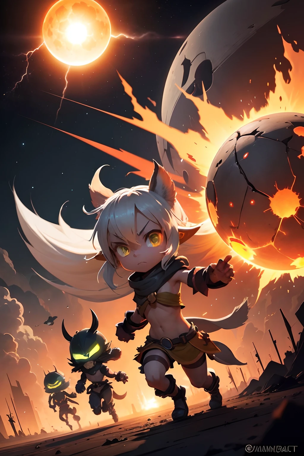 wakfu, the explosion of the sun, the death of the world, the planet is splitting into pieces, cities are burning, meteorites, lightning, death, gray-skinned tailed people are running in terror,