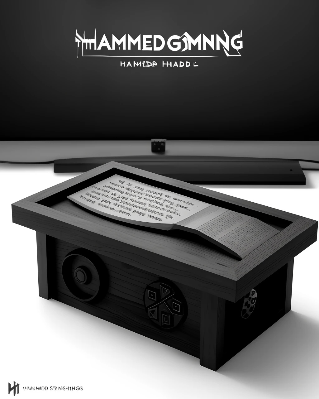 Logo of hand smashing through words “handmade gaming” on to anvil in black and white.