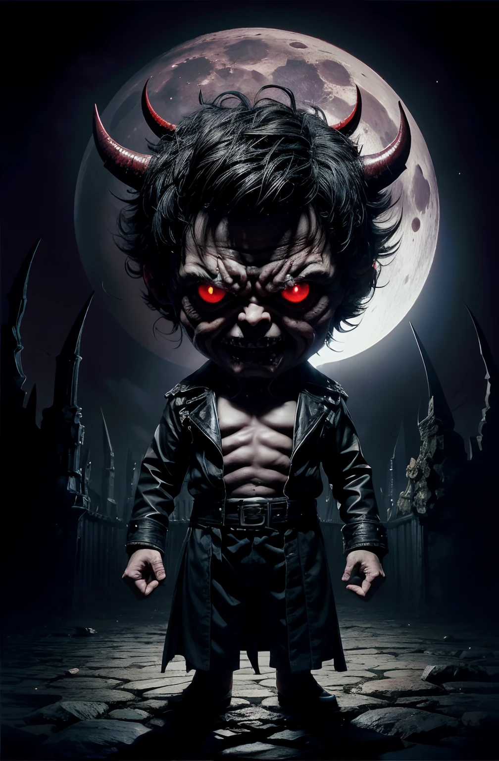 An image of a malevolent tiny demon with a big head, small body, long arms with claws, and short legs, incredibly muscular, with blazing red eyes and hair-like spikes, sporting a sinister grin in a moonlit bedroom, depicted in a highly detailed and ultra-realistic 10k resolution format, infused with elements of watercolor, digital art, and Gothic art, evoking the styles of William Blake, Caspar David Friedrich, and Yoshitaka Amano.