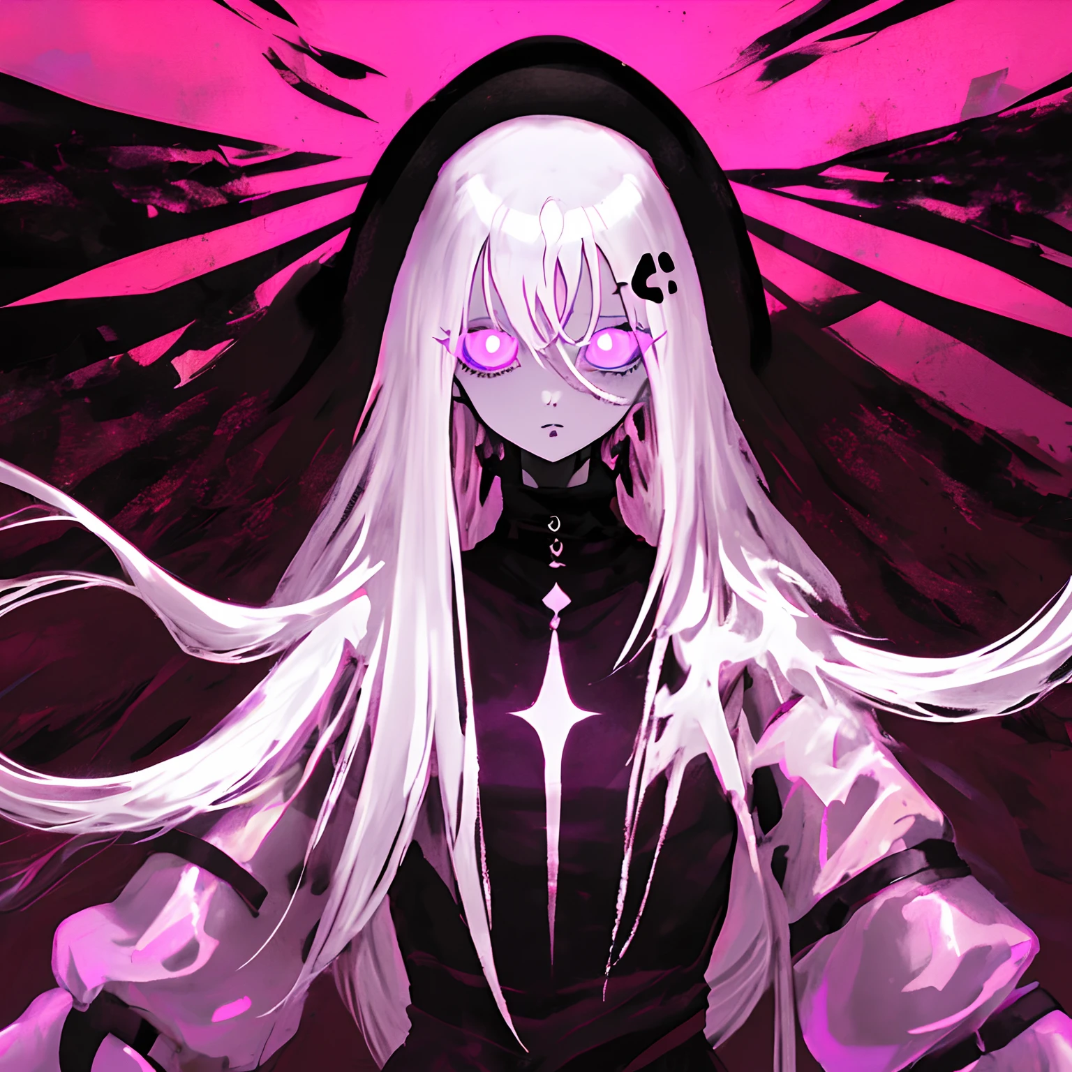 Dark cloaked teenage male with red glowing eyes, in the dark, scary, white hair, charred skin, grim reaper in human form, masterpiece