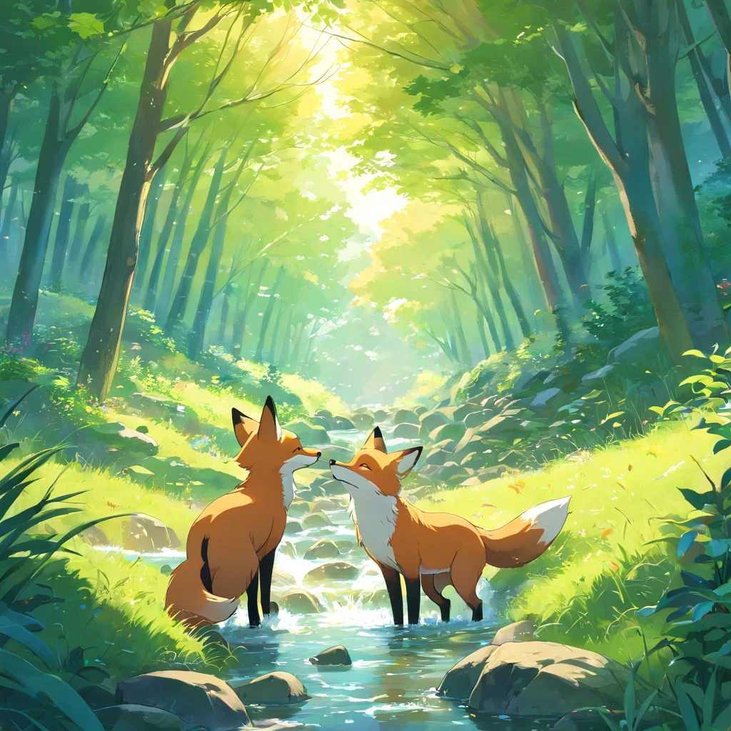 Fox flock by the stream