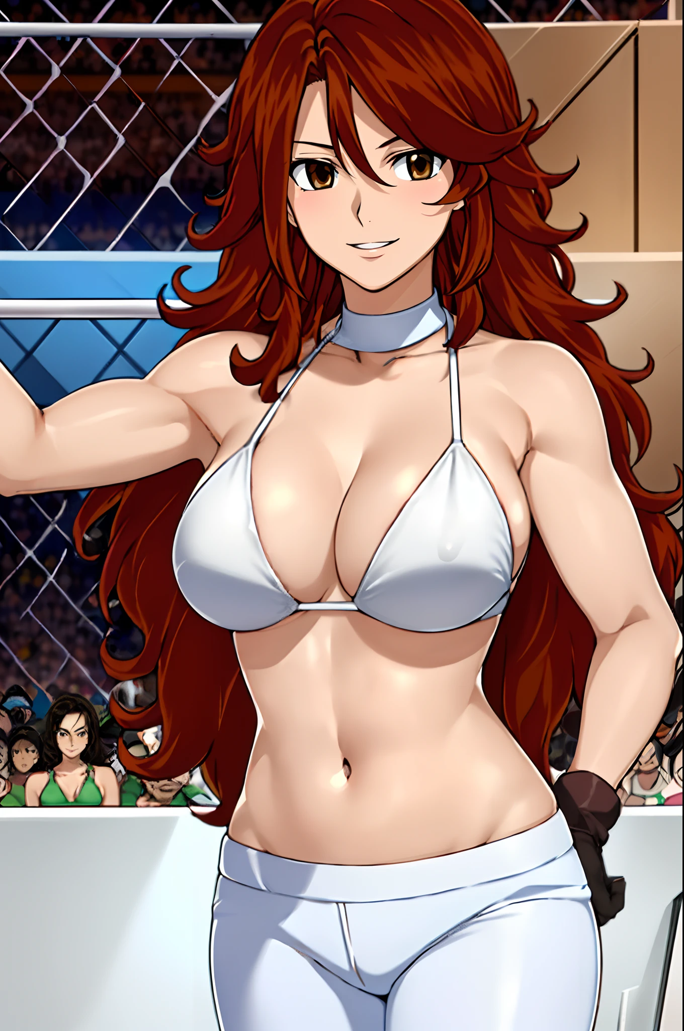hug, Elegant lady, (upper body view), anime style: 1.8, anime drawing, ultra detailed face, ultra detailed body, 4k, Sumergai Lee Noriega, (standing), best quality, anime style, hires, highest definition, digital blending, bold drawing lines, ((wwe diva), (location: wrestling arena, crowds watching), ( slim body, (little biceps), , off-shoulders, closed fists, (curvy: 2.8)), ((white bikini, torn pants,, white gloves, collar, elbow protector)), victorious, winner, gentle, (pale skin, shiny skin, very big breasts, smile), (big eyes, brown eyes), (clapping), (brown hair, loose hair, curly hair, wavy hair, long hair, missy hair), 27 years old,