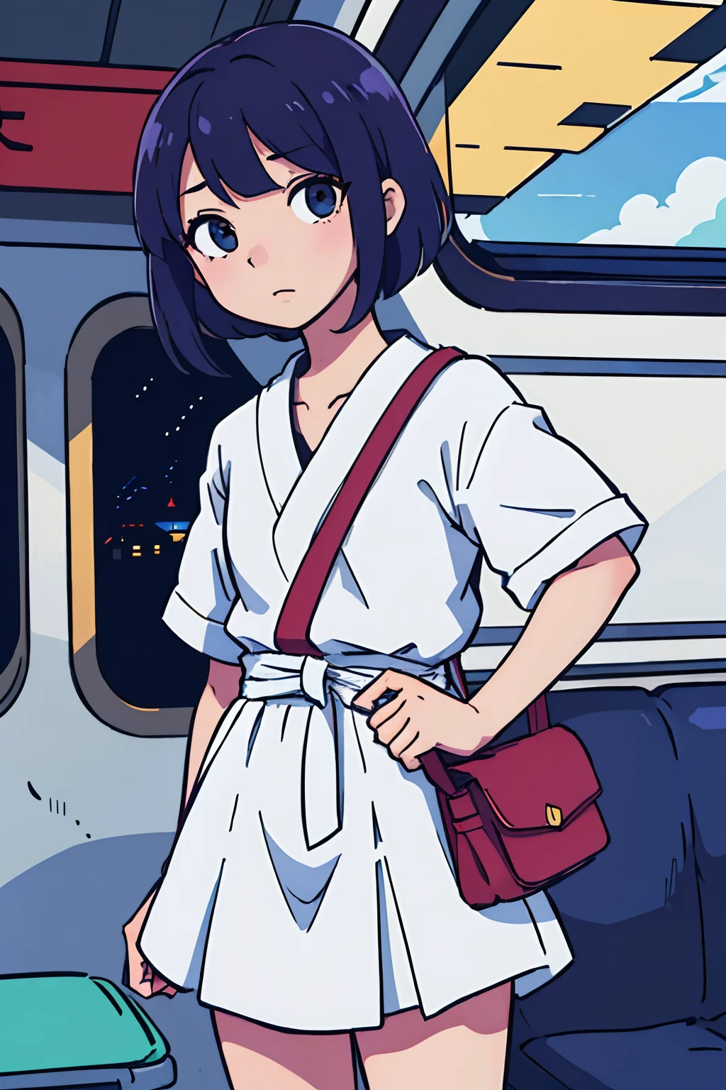 1 chica japonesa en el tren, sucio, Antecedentes de la ciudad, puesta del sol
(highest qualityr:0.8), (highest qualityr:0.8), perfect anime illustration, Cara oscura e indistinta, ojos brillantes, cabello azul y raya rosa