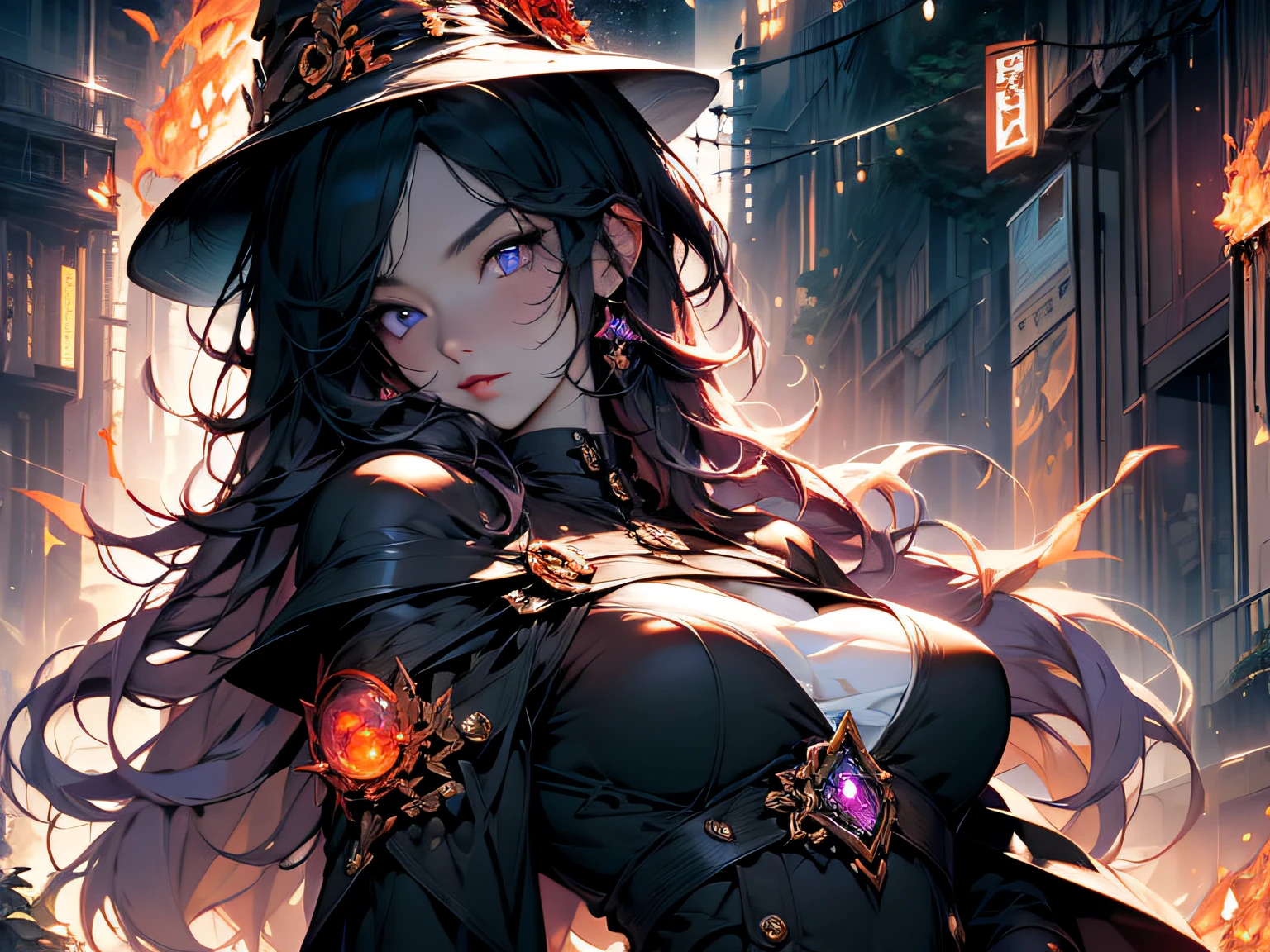 ((masterpiece)), one girl, HDR, Hi Res, a mage engulfed in purple flames with long black hair and purple eyes, red lipstick, perfect face, perfect arms, perfect hands, magic flames everywhere