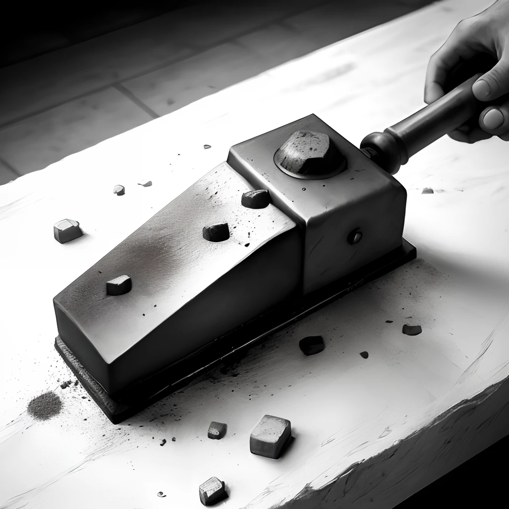 Hand smashing anvil black and white