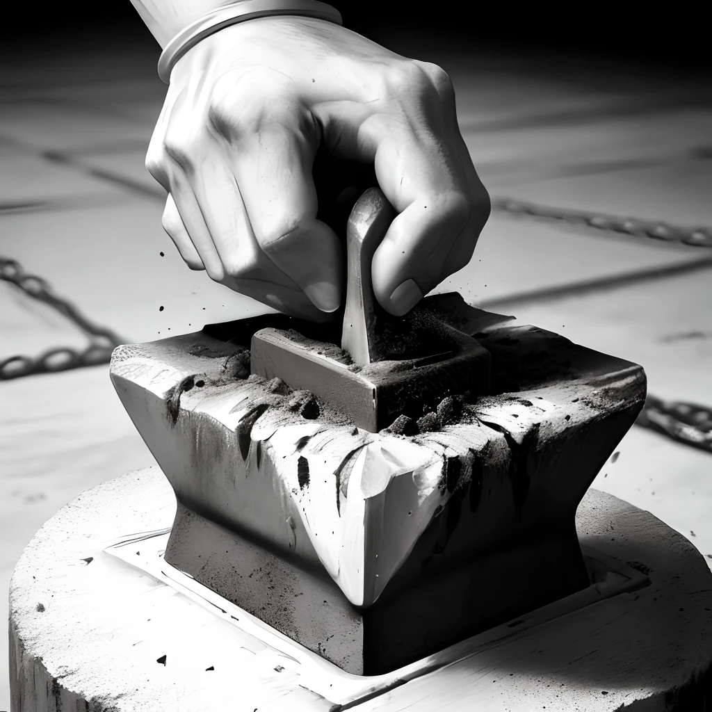 Hand smashing anvil black and white