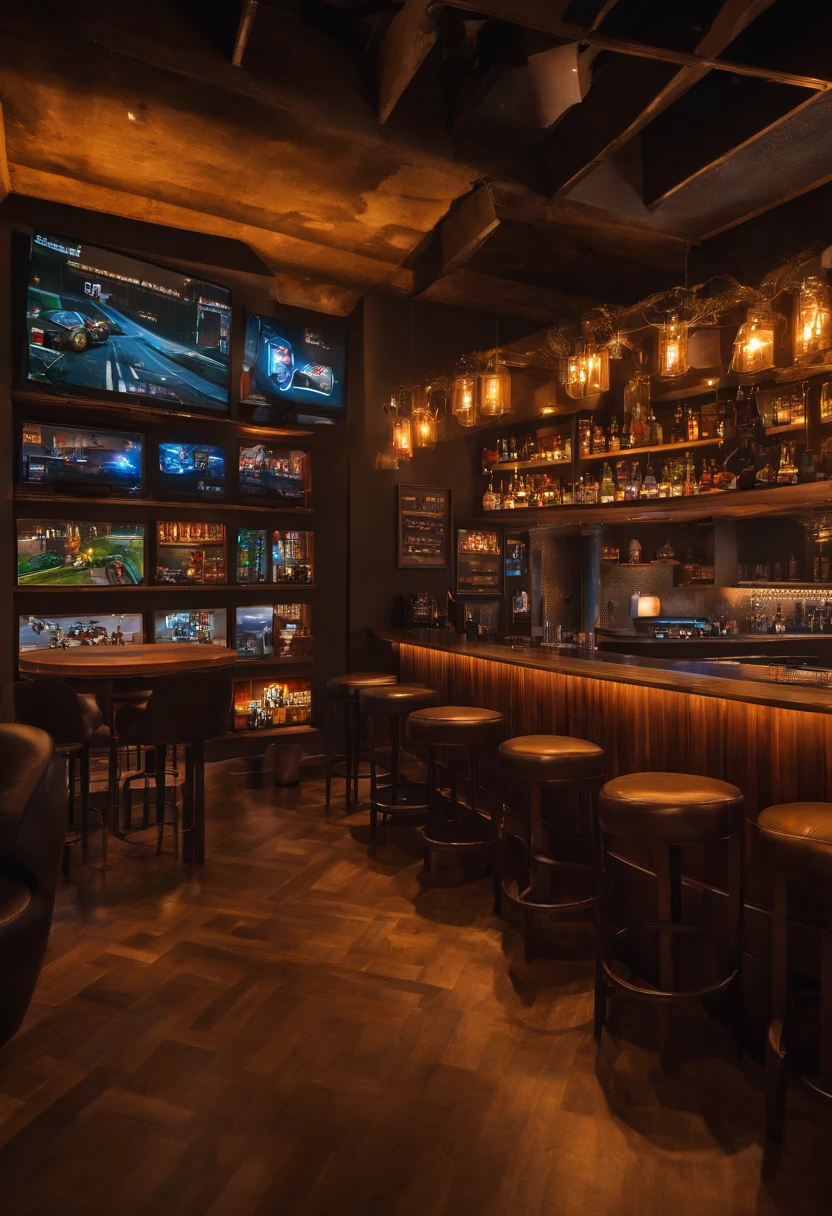 Video Game bar experience for gamers where customers can book times to play, compete and enjoy a great selection of games and drinks through our mobile app. I need a prototype pic for the gaming bar and another one for the app (do it with gaming consoles, led lights, something modern( and don't forget mobile app) but yea needs a lot tvs and stuff