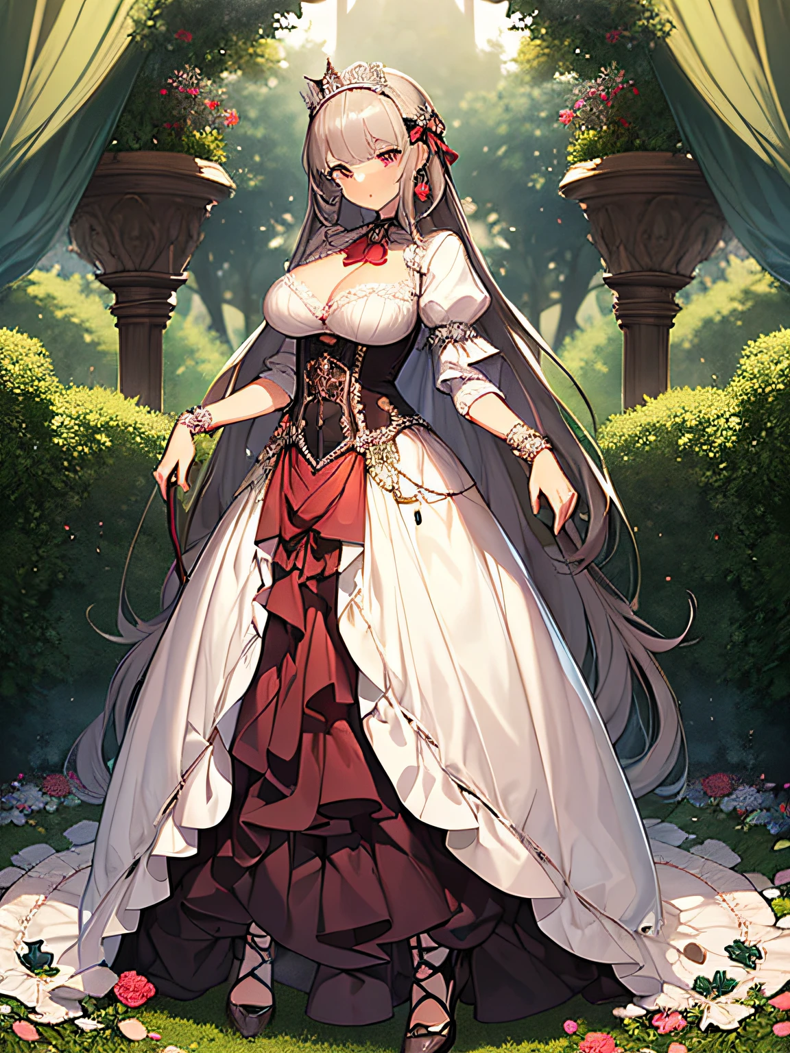 ((anime artstyle)),(Masterpiece),(Best Quality), (Super Detail),((Very Delicate and Beautiful)),(((Solo))),((full body)),(((1 princess in sweet ta dress with voluminous full length hoop skirt))),((standing in garden)),Long train,(bling-bling gorgeous gemstone jewelry),detailed face and eyes,jewel-like eyes,cry,((large amount of straight hair,extremely voluminous Very Long Straight Hair)),cleavage,(gorgeousfull embroidery and lace),gorgeous corsage,See-through,((extremely gorgeousfull loliair ornament)),bling-bling extremely gorgeousfull jeweled tiara,ornate ruffles,beautiful embroidery,(hoop skirt,crinoline),flowers, flower petals flowing,((Dynamic Angle)),Looking at viewer,((full body)),sweet lolita d with voluminous full length hoop skirt
