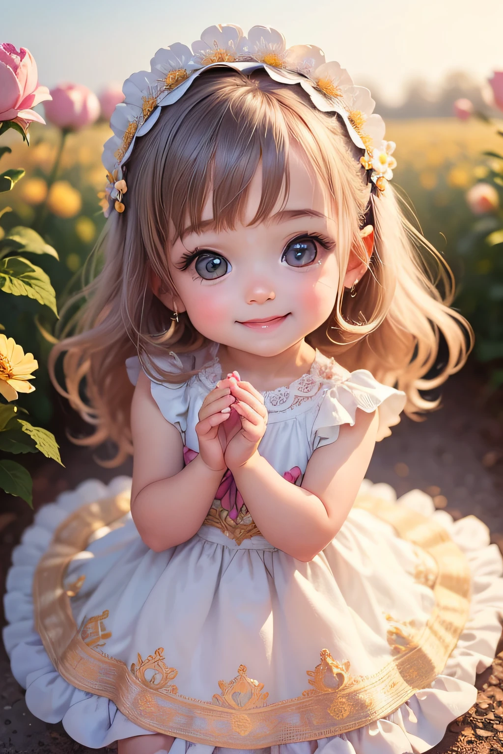 Baby girl cute child, beautiful little eyes, stunning hair, beautiful smile, happiness, looking at a beautiful little flower, image with a high quality, sparkles in detail --auto