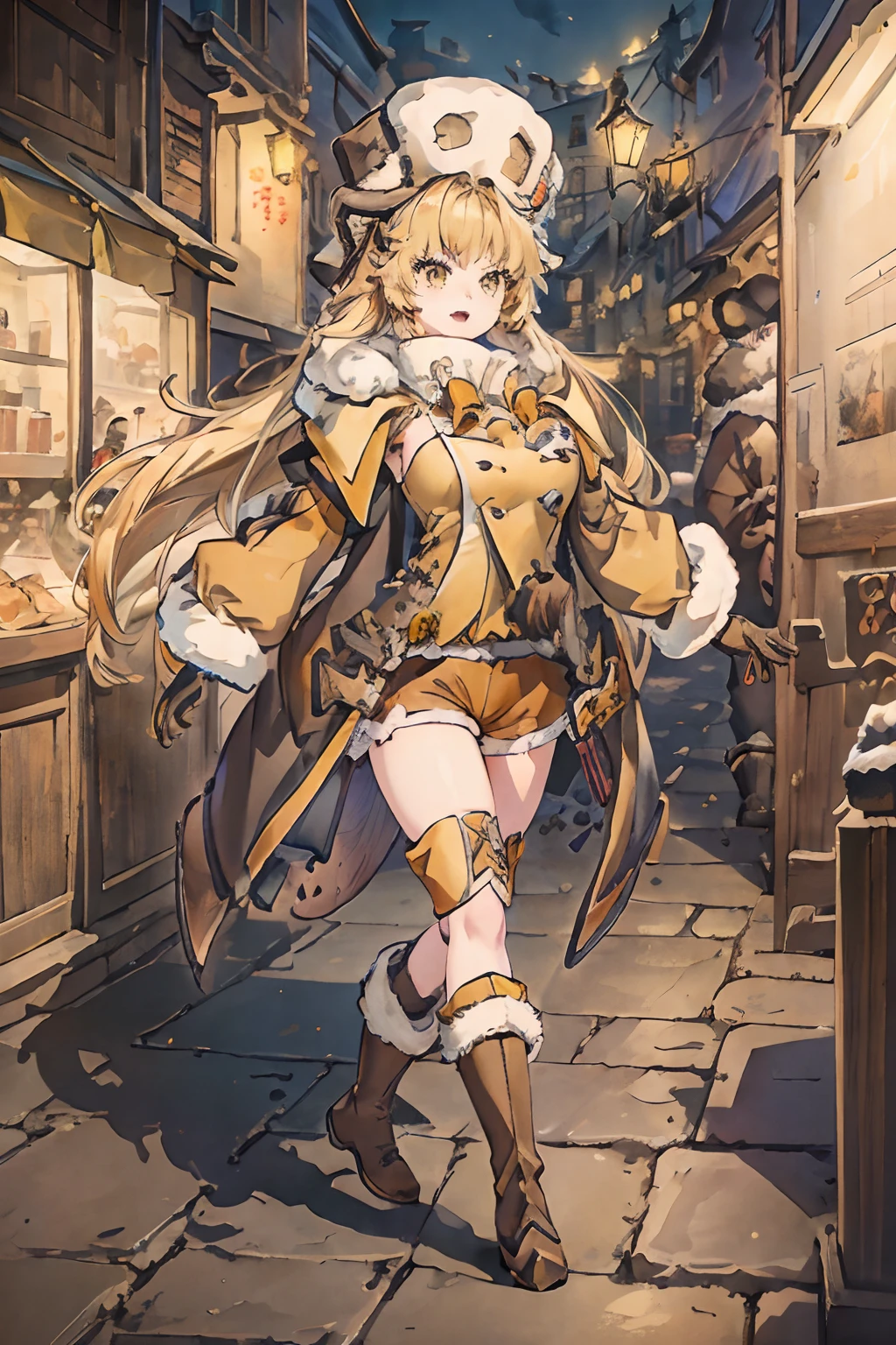 masterpiece, best quality, ((hook)), blonde hair, (yellow hair), gloves, yellow eyes, boots, 1girl, (fur trim), (jacket), bangs, bow, (fur hat), (shorts), looking at viewer, long hair, walking, solo focus, brown gloves, brown footwear, open clothes, long sleeves, full body, bowtie, tight shirt, (open jacket), (brown shorts), (brown jacket), (adult body), divine proportions, accurate proportions, large breasts, (sexy), long sexy legs, angry, tsundere, dark alley, night, (cobblestone streets), soft orange lighting, dynamic perspective, night life, (8k), (best quality), (masterpiece: 1.2), (realistic), (photorealistic: 1.37), ultra detailed, one girl, viewer watching, full body, 28 years old, tights out, breast expansion, breasts exposed.