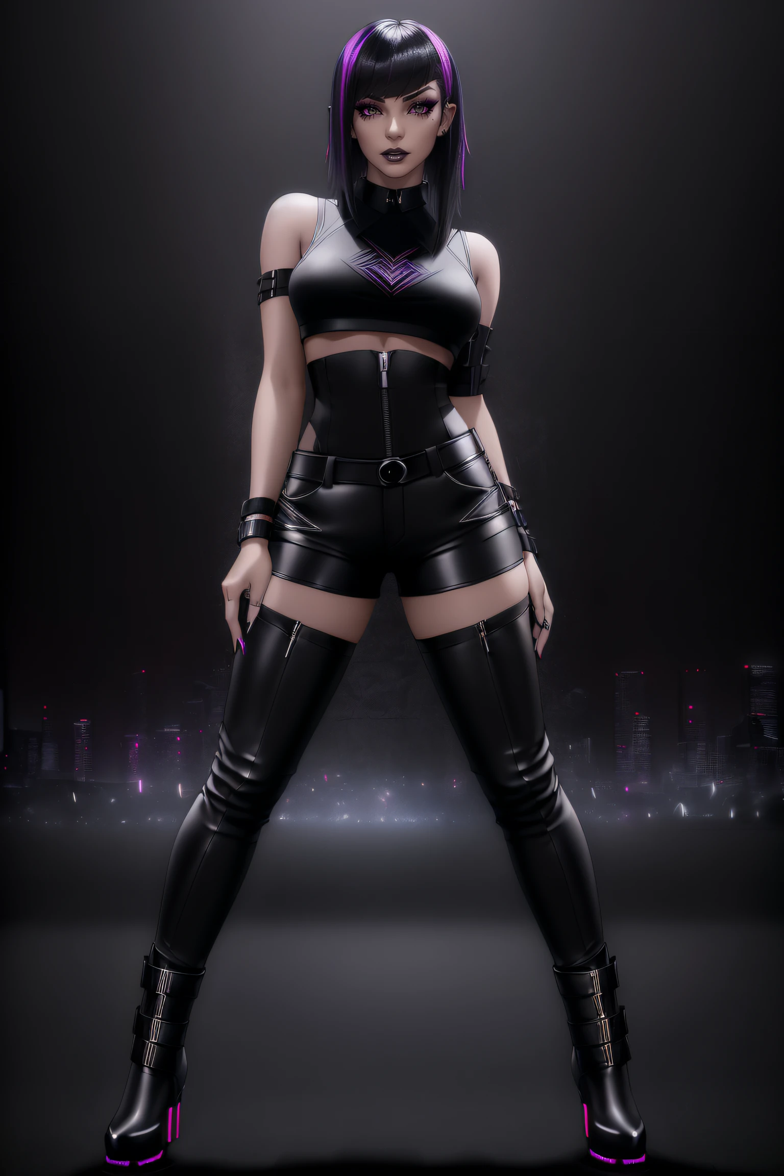 beautiful girl, ((standing:1.4)), (confident gaze:1.1), full body, short bright neon streaked black hair, ((seductive pose:1.2)), black eyeshadow, (street style wear:1.2), ((tight fitted pants)), ((knee high leather boots)), (dark city night black background:1.4), dark makeup, digital art, trending on artstation, highly detailed, fine detail, intricate, detailed facial features, sharp focus, smooth, aesthetic,