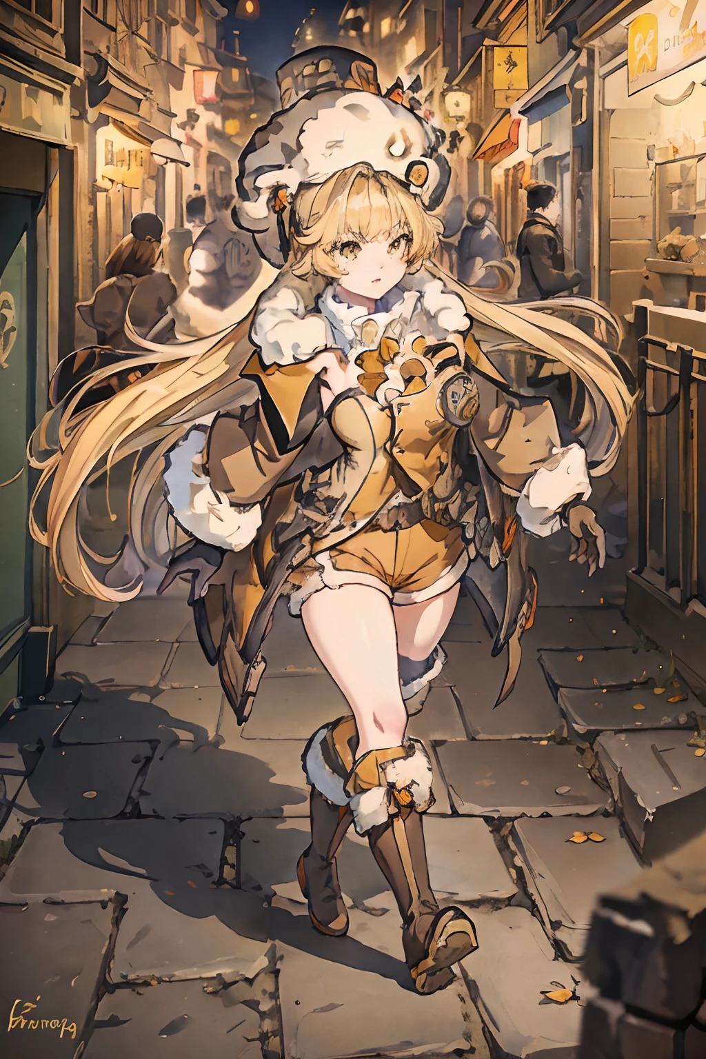 masterpiece, best quality, ((hook)), blonde hair, (yellow hair), gloves, yellow eyes, boots, 1girl, (fur trim), (jacket), bangs, bow, (fur hat), (shorts), looking at viewer, long hair, walking, solo focus, brown gloves, brown footwear, open clothes, long sleeves, full body, bowtie, tight shirt, (open jacket), (brown shorts), (brown jacket), (adult body), divine proportions, accurate proportions, large breasts, (sexy), long sexy legs, angry, tsundere, dark alley, night, (cobblestone streets), soft orange lighting, dynamic perspective, night life, (8k), (best quality), (masterpiece: 1.2), (realistic), (photorealistic: 1.37), ultra detailed, one girl, viewer watching, full body, 28 years old, tights out, breast expansion, breasts exposed.