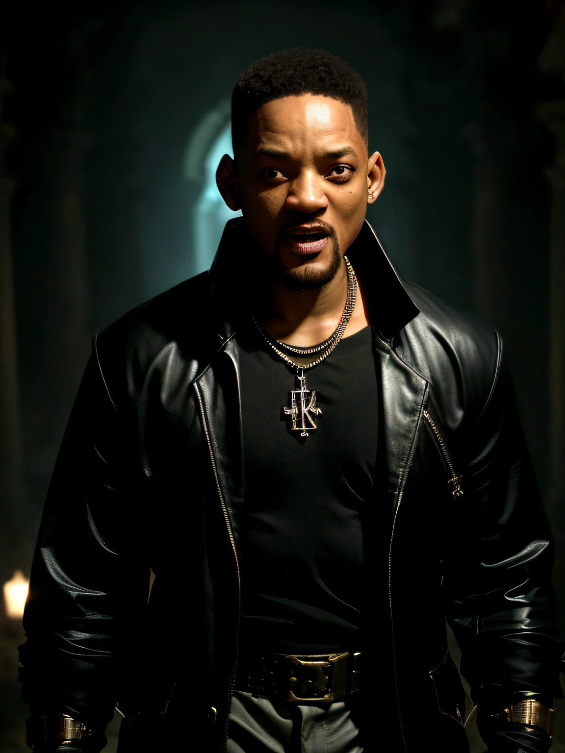 (papel de parede 8k extremamente detalhado), a medium-shot shot photo of a fearful necromancer, will smith, Intrincado, Alto Detalhe, dramatic,