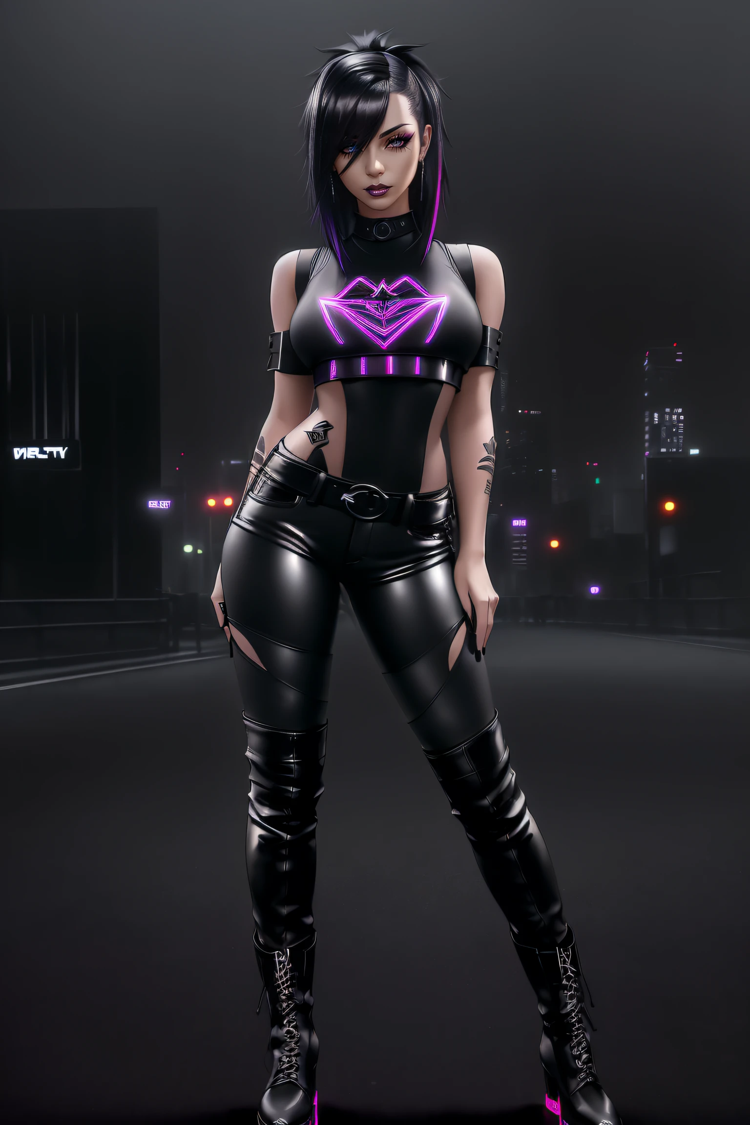 beautiful girl, ((standing:1.4)), (confident gaze:1.1), full body, short bright neon streaked black hair, ((seductive pose:1.2)), black eyeshadow, (street style wear:1.2), ((tight fitted pants)), ((knee high leather boots)), (dark city night black background:1.4), dark makeup, digital art, trending on artstation, highly detailed, fine detail, intricate, detailed facial features, sharp focus, smooth, aesthetic,