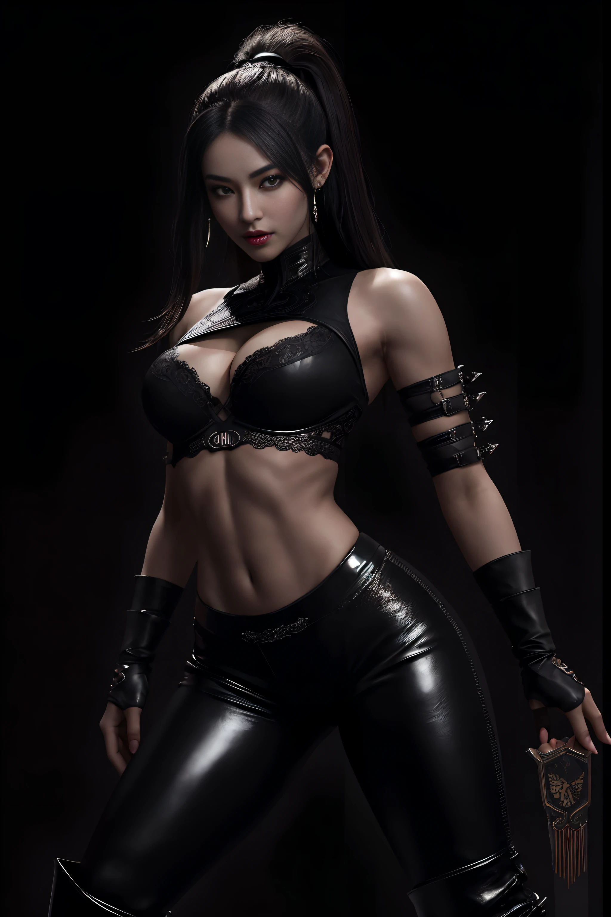 (masterpiece, top quality, best quality, official art, beautiful and aesthetic:1.2), (1girl:1.3), (fractal art:1.3), solo, Jade from mortal kombat, Mortal Kombat video game, black headband, long hair, large breasts, deep cleavage, beautiful face, Asian lady, see-through lace bra, ((tight fitted pants)), black gloves, black brown hair, long patent leather black boots , earrings, midriff, navel, toned, looking at viewer, full body, seductive stance, legs apart, (dark city night black background:1.4), bright neon lighting, cinematic lighting