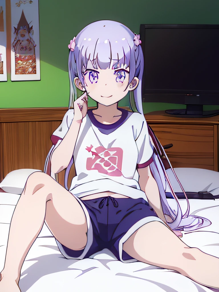 ((masutepiece)), ((Best Quality)), (Ultra-detailed), Anime style, on the bed, Cute little girl s, 1girl in, Solo, Gym Shorts 00, ((Beautiful eyes))0, Smile