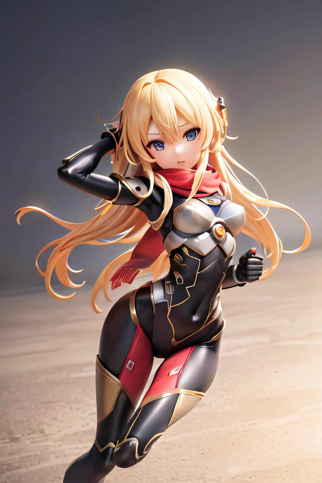 masterpiece, Best, 1girl, skintight, the whole body, long haired, blondhair, Mechanical armor arm, Middle chest, Red scarf, sci fi, solo, The run, with a simple background，High res，4k，8k，background bokeh，In motion，the whole body，dynamic scene，Dynamic face，Back Light，Mega Man，Machine armour wind，5 head height ratio Wait to start